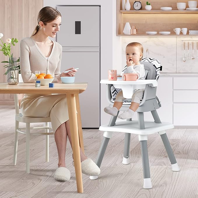 HOMGX Baby High Chair, 8-in-1 Convertible High Chair w/Removable Tray & Safety Harness, Infant Dining Booster Seat, Building Block Table & Chair Set, Highchair for Babies and Toddlers (Wave Grey)