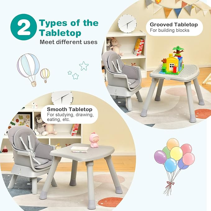 HOMGX Baby High Chair, 8-in-1 Convertible High Chair w/Removable Tray & Safety Harness, Infant Dining Booster Seat, Building Block Table & Chair Set, Highchair for Babies and Toddlers (Grey)