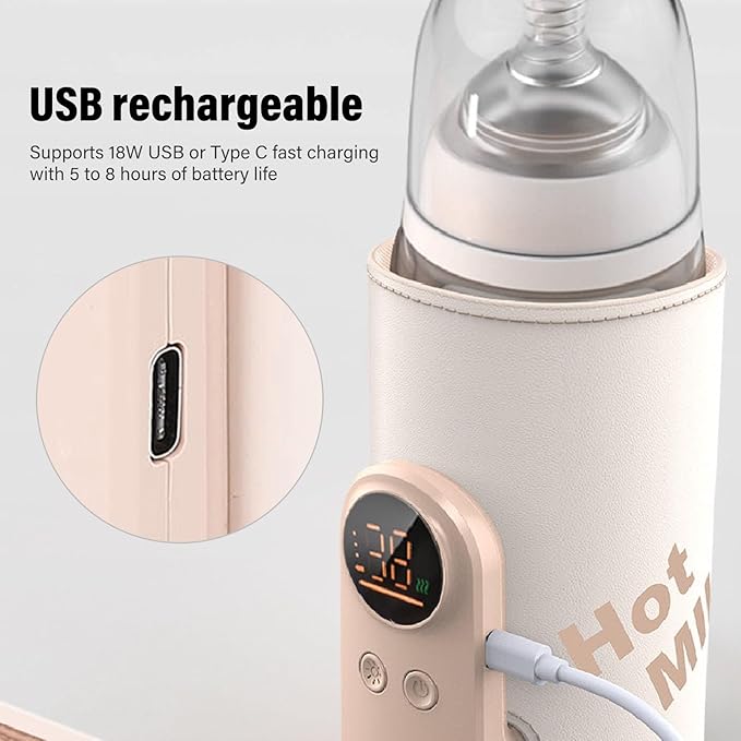 Baby Bottle Warmer with 8000mAh USB - C Fast Charging, Constant Temperature Control, Portable Milk Heater for Travel, Outdoor Use - Lightweight Insulated Sleeve Fits All Bottles