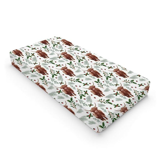 Christmas Highland Cows Changing Pad Cover Cute Yak Cherry Fir Leaves Diaper Changing Table Cover Sheets for Boys Girls Soft Breathable Stretchy Fitted Changing Table Mats 32''x16''