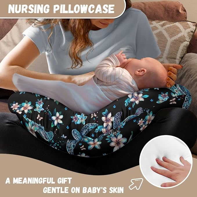 Sea Turtle Nursing Pillow Cover for Baby Boys Girls, Soft Breast Feeding Pillows Blue Flower Breastfeeding Pillow Slipcover Cushion Cover