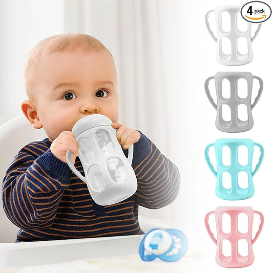 4 Pack Silicone Sleeves with Handles for Philips Avent Natural Baby Bottle 9 oz/8 oz, Avent Glass Bottles Sleeve Easy grip, Anti Breakage Baby Bottle Holder, Compatible with Philips Avent Glass Bottle
