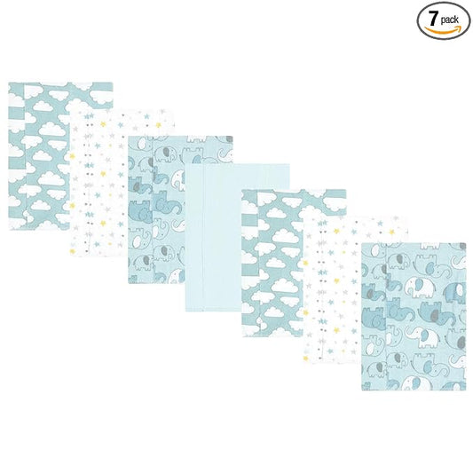 Hudson Baby Unisex Baby Cotton Flannel Burp Cloths, Boy New Elephant 7-Pack, One Size