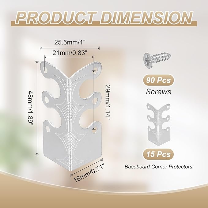uxcell 15 Pcs Baseboard Corner Protectors, Skirting Board Corner Protector Vintage Metal Edge Cover with Screws for Furniture Table Cabinet Drawer, Silver