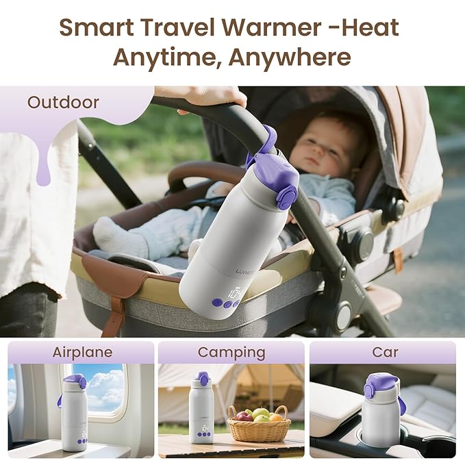 Portable Bottle Warmer for Travel, 3-Min Fast Heating Baby Bottle Warmer for Breastmilk & Formula, 12oz Rechargeable Milk Warmer with 6 Temp Settings, USB-C for Car, Airplane & Outdoor