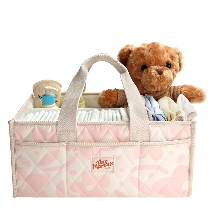 Tiny Marvels Diaper Caddy Organizer for New Parents, Water-Resistant Baby Diaper Caddy, Newborn Essentials Registry Search Must Haves, Structured Diaper Caddy Basket for Nursery, Car & Travel