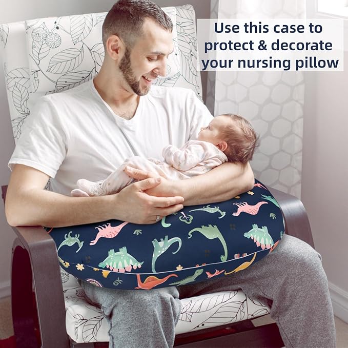 Nursing Pillow Cover, Breastfeeding Pillow Cover Case for Baby Girls Boys, Soft & Breathable, Blue Dinosaur (Only Cover)