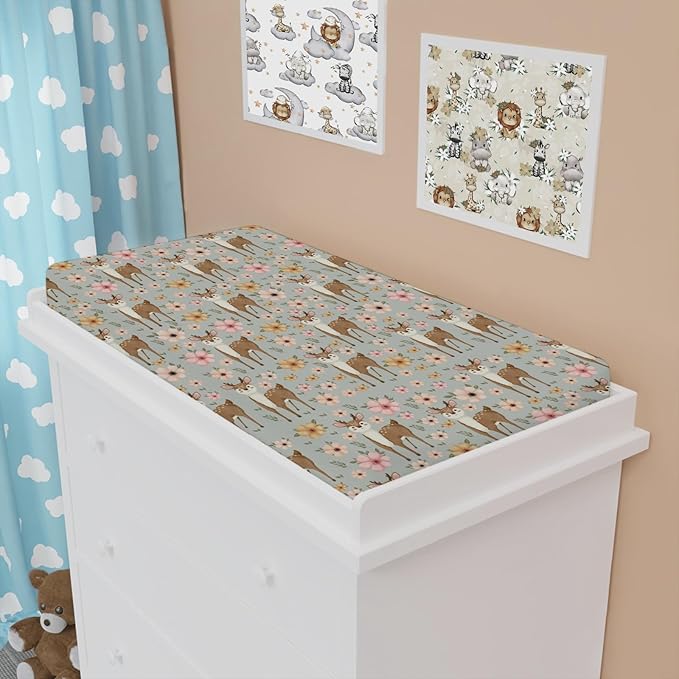 Cute Deer Boho Retro Floral Changing Pad Covers Cartoon Deer Diaper Change Table Pad Cover Sheets for Boys Girls Ultra Soft Breathable Stretch Changing Mat Sheets Cover 32''x16''