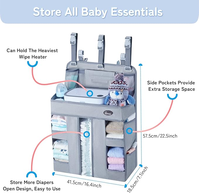HHZ XL Hanging Diaper Caddy Organizer –Sturdy and Durable Baby Organizer – Diaper Stacker for Changing Table, Crib, Playard or Wall & Nursery Organization – Newborn Baby Essentials