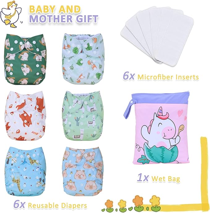 TDIAPERS Cloth Diapers Reusable Washable Pocket Diapers Cover One Size Adjustable for Baby Snaps Cloth Diapers Nappy 6 Pack with 6 Pcs Microfiber Inserts,1 Wet Bag