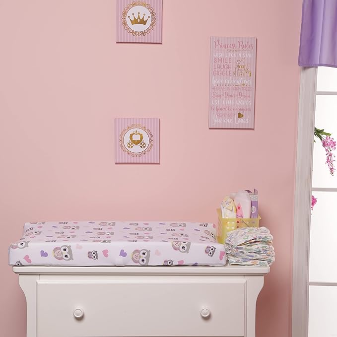 EVERYDAY KIDS 2 Pack Baby Changing Pad Covers for Baby Girl – Fits Most Changing Table Pads; 100% Cotton Jersey Knit, Breathable, Soft Changing Table Topper – Pink, Purple Owls and Pink, White Stars