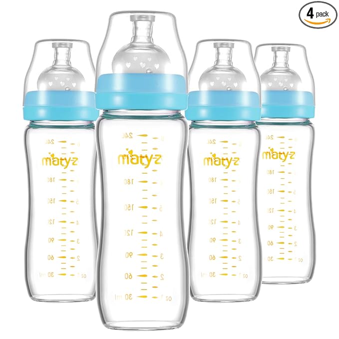 Matyz Glass Breastmilk Baby Feeding Bottle with Nipple, 4 Pack, 8 oz Slim and Light Bottle Easy to Hold, Food Grade Borosilicate Glass, Wide Neck Easy to Clean, No BPA (Blue Lids)