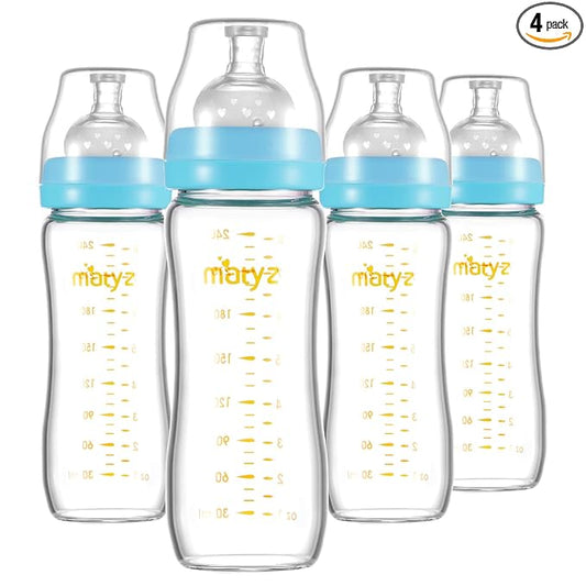 Matyz Glass Breastmilk Baby Feeding Bottle with Nipple, 4 Pack, 8 oz Slim and Light Bottle Easy to Hold, Food Grade Borosilicate Glass, Wide Neck Easy to Clean, No BPA (Blue Lids)