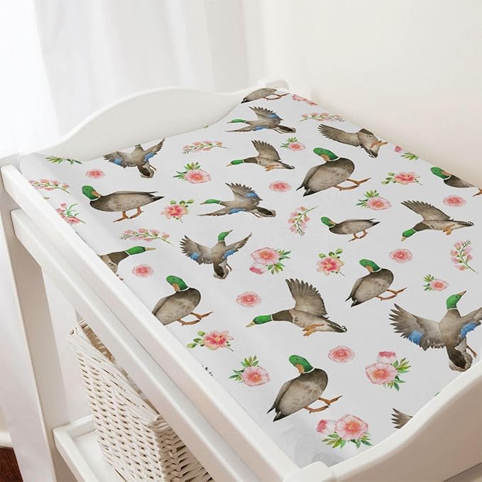 Hunting Wild Duck Boho Floral Baby Changing Pad Cover for Boy Girl 32''x16'' Mallard Duck Flowers Unisex Fitted Diaper Change Table Sheets Comfort Soft Breathable Nursery Changing Table Sheets Mats