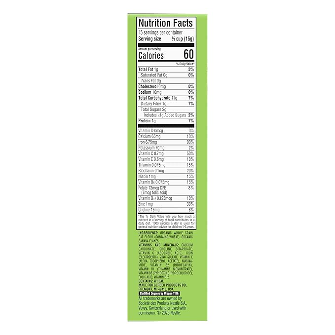 GERBER ORGANIC FOR BABY GRAIN AND GROW Toddler Oatmeal Banana Cereal 5x8oz
