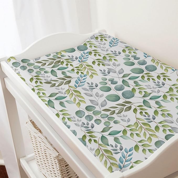 Boho Green Leaves Changing Pad Covers Watercolor Eucalyptus Leaves Diaper Change Table Pad Sheets for Baby Girls and Boys Soft Breathable Stretchy Snug Fitted Changing Mat Cover 32''x16''