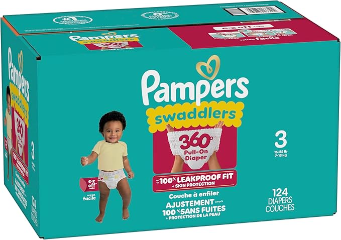 Pampers Diapers - Swaddlers 360° - Size 3, 124 Count, up to 100% Leakproof Comfy Dry Fit, Designed for Easy Changes, Pull On Baby Diaper (Packaging May Vary)