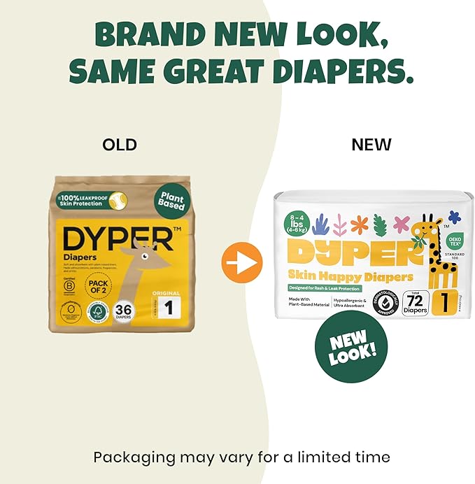 DYPER - Pack of 2 Baby Diapers Size 1 (72 Count) - Leak Proof, Plant Based, Hypoallergenic & Ultra Absorbent Disposable Diaper for Day & Overnight, Skin-Friendly Comfort Size 1 Diapers (8-14 lbs)