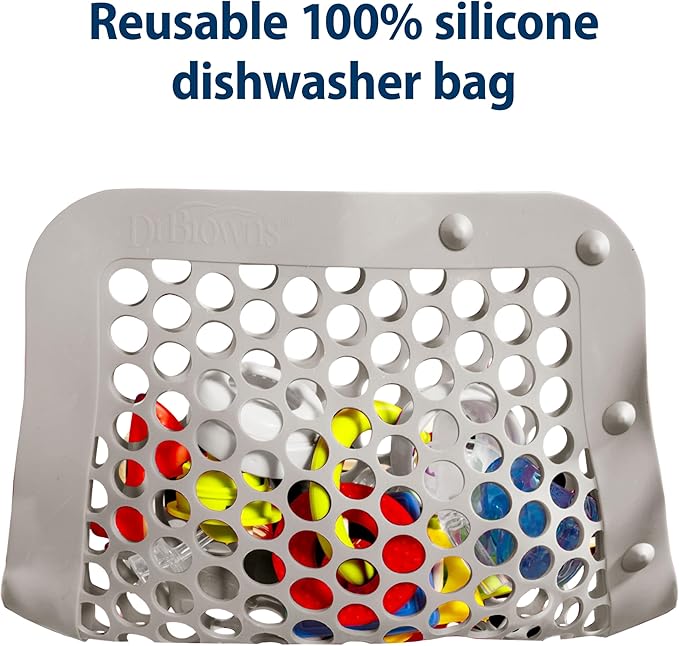 Dr. Brown's Dishwasher Bag with Adjustable Sizing, 100% Silicone, for Baby Bottles, Parts, Nipples, Breast Pump Accessories, and Pacifiers, Gray, BPA-Free, 1-Pack