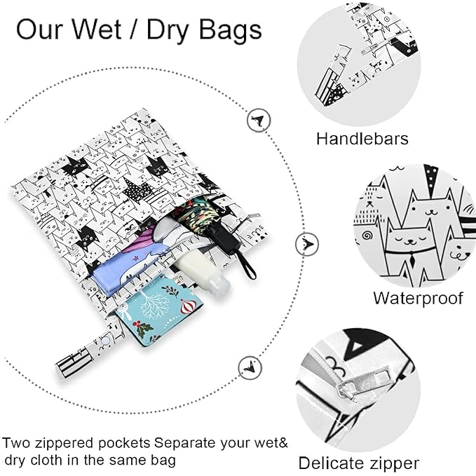 visesunny Funny Black and White Cat Animal 2Pcs Wet Bag with Zippered Pockets Washable Reusable Roomy Diaper Bag for Travel,Beach,Daycare,Stroller,Diapers,Dirty Gym Clothes,Wet Swimsuits,Toiletries