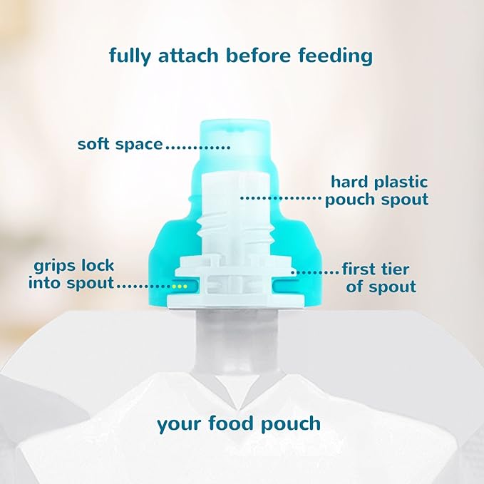 ChooMee Replacement Caps for Reusable Food Pouches | Includes SoftSip Silicone Flow Control Pouch Top | 6 White Caps + 1 Aqua SoftSip