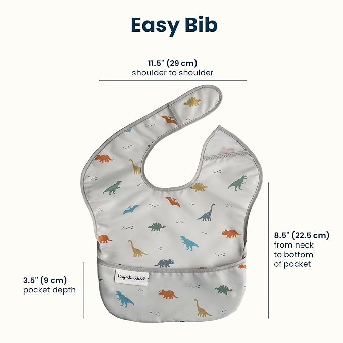 Tiny Twinkle Mess-Proof Baby Bibs for Eating | Waterproof, Wipeable Toddler Bibs with Catch-All Pocket | Feeding Bibs for Girls & Boys(3 Pack,Dinosaur Set)