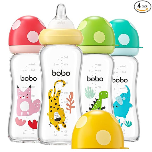 YOHKOH Natural Glass Baby Bottle with Level 2 Medium Flow Nipple, Newborn Anti-Colic Baby Bottles, Wide Neck Mushroom Baby Glass Bottle (8.8ounce (Pack of 4), Multicolour2)