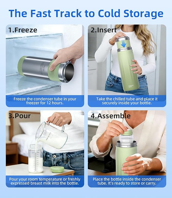 22oz Stainless Steel Breastmilk Cooler - 24Hrs Portable Breast Milk Chiller for Travel, Includes 2 BPA-Free Baby Bottles &10 Storage Bags, Leakproof Thermal Container for Working Moms, Green