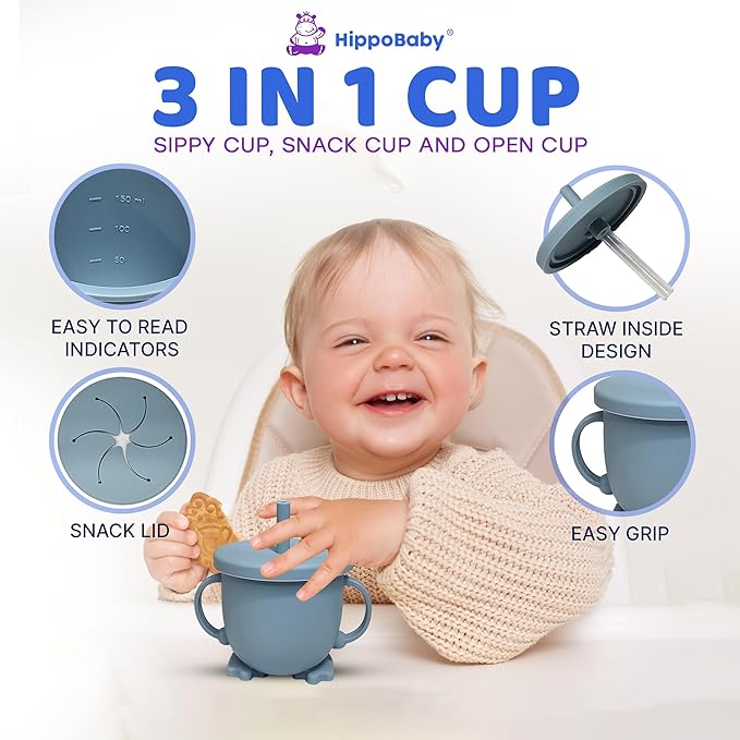 HippoBaby Baby Led Weaning Supplies | 10 Piece Silicone Baby Feeding Set | Baby Toddler Bib Cup Divided Plate and Bowl Self Feeding Spoons Dish Set | Baby Utensils | Toddler Feeding Supplies (Sky)
