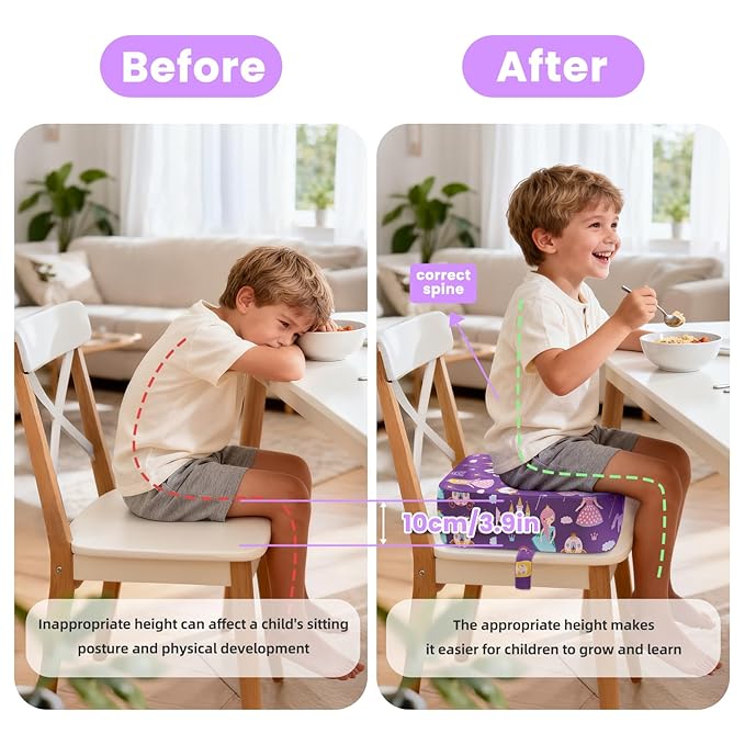 Toddler Booster Seat for Dining Table Kitchen Chair, Kids Booster Seat with Non-Slip Bottom and Adjustable Straps, 4" Detachable Washable Portable Travel Increasing Cushion (Princess)