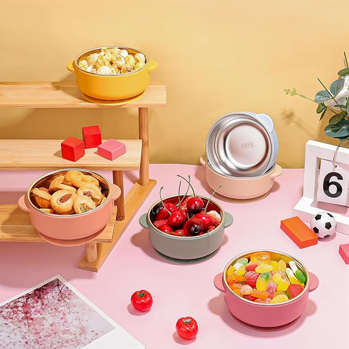 6 Pack 304 Stainless Steel Baby Bowls with Removable Non-Slip Silicone Shell, Suction Bowls for Baby, Scald-Resistant Food Containers, for Kids, Babies Food Feeding（6 Colors）