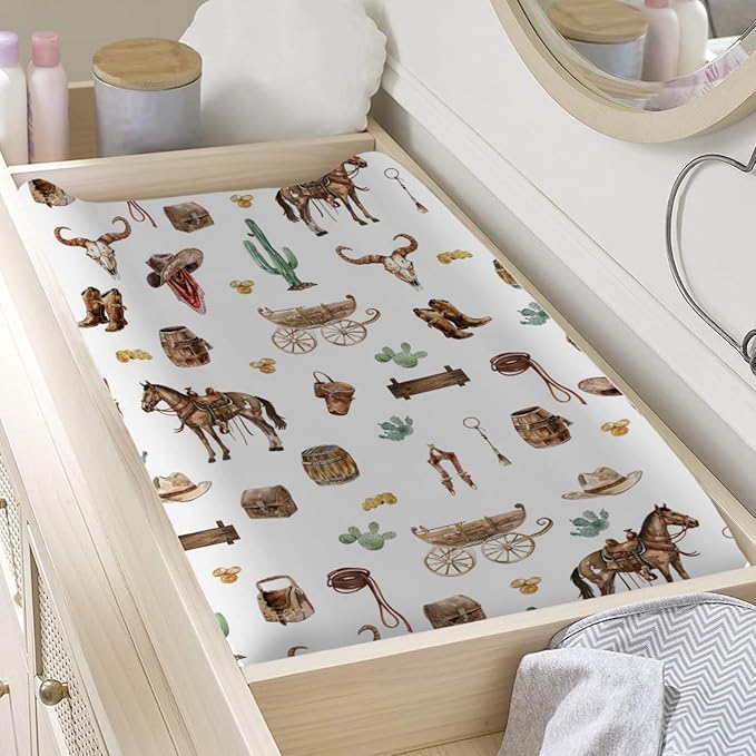 Western Cowboy Changing Pad Covers Cowboy Hat Boots Coins Cactus Goat Skull Horse Diaper Changing Pad Table Sheets for Boys Soft Breathable Stretch Fitted Baby Changing Pad Mats Covers 32''x16''