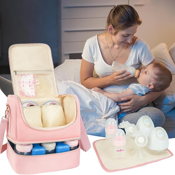Wearable Breast Pump Bag with Cooler Compartment Fits for Willow/Elvie/Momcozy M5/S12 Pro/Medela, Breast Milk Travel Tote Bag with Ice Pack & Waterproof Mat,Pink