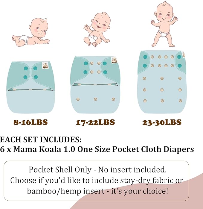 Mama Koala 1.0 Pocket Cloth Diapers for Babies, 6 Pack Pocket Shell Only (NO Inserts) - One Size Washable and Reusable Pocket Diapers for Newborns and Toddlers - 160013