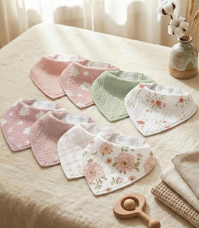Muslin Baby Bibs 8 Pack, Baby Bandana Drool Bib for Drooling and Teething, Cotton Soft Absorbent for Girls Boys Garden