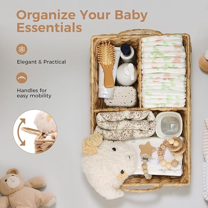 Baby Diaper Caddy Organizer, Handwoven Nursery Basket Changing Table Organizer Natural Water Hyacinth Storage Basket for Nursery Bathroom Kitchen Shelves Office Supplies Organization