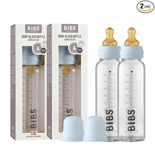 Bibs Baby Glass Bottle | Newborn Anti-Colic Baby Bottles | Borosilicate Glass with a Natural Vented Round Natural Rubber Latex Nipple | Consistent Flow Rate | 7.6 oz/225 ml | 2 Pack | Baby Blue