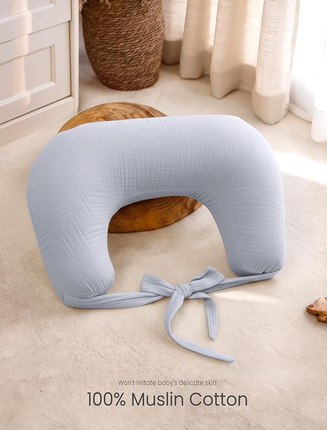 lulumoon Muslin Nursing Pillow Covers - 2-Pack Soft Cotton Slipcovers for Breastfeeding & Bottle-Feeding - Extension Strap for Snug Fit & No Sliding - Hidden Zipper Safety for Newborn Baby