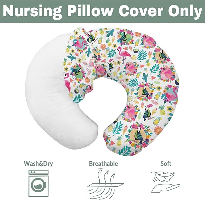 Pink Flamingo Toucan Tropical Fruits Baby Nursing Pillow Covers for Boy Girl Colorful Summer Birds Leaves Nursing Slipcovers for Breastfeeding Pillows Hawaiian Soft Stretchy Cover for Newborn Infant