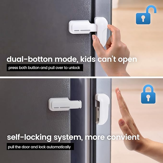2 Pack Dual Mode Fridge Locks, Upgraded Child Proof Refrigerator Lock with Sticky Adhensive Pads, Durable ABS Freezer Door Latch to Keep Door Closed, No Tools Need or Drill (White)