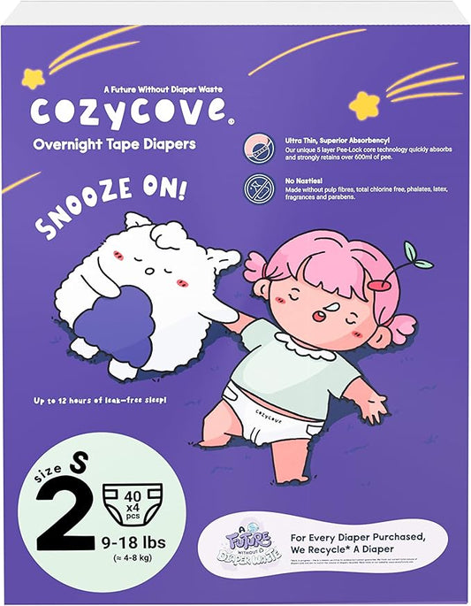 Cozycove Size 2 S (9-18 lbs) Diapers, 160 Count, Totally Chlorine Free, Skin-Friendly Material | Snooze On Slim Overnight Tape Disposable Diapers | 4 Bags of 40