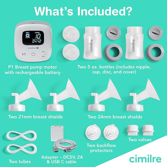 P1 Portable Breast Pump Kit by Cimilre, Small Breast Pump w/Rechargeable Battery for Moms On-The-Go, BPA, BPS & Phthalate Free, Double Electric Breast Pump