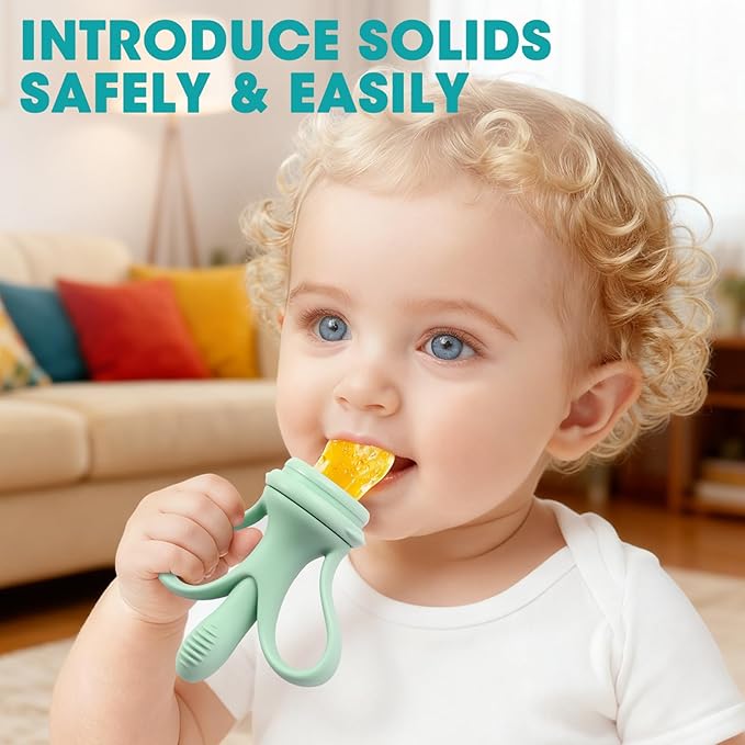 JEXFUN Baby Fruit Feeder & Breastmilk Popsicle Mold Set, Silicone Food Feeder Pacifier for Cooling Relief with 3 Replaceable Pouches, BPA-Free Teething Toy for Safe Infant Self Feeding (Pea Green)