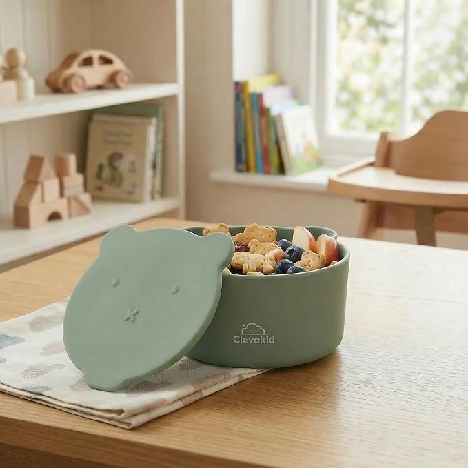 Silicone Snack & Fruits Container – Leakproof Durable and BPA-Free | for Daycare, Preschool, School, and Family Outings – Bear design 130 ML/4.4 OZ (Green Olive)