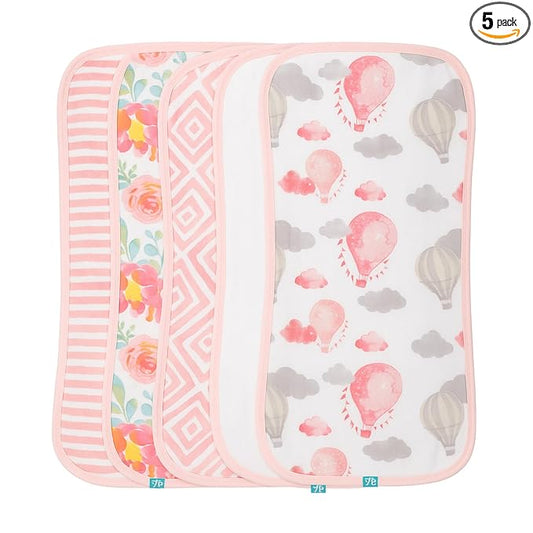 Featherhead™ 5-Pack Muslin Burp Cloths for Baby Girl Large 22" X 11" - Ultra Soft & Extra Absorbent Cotton Terry Backing (Garden Floral)