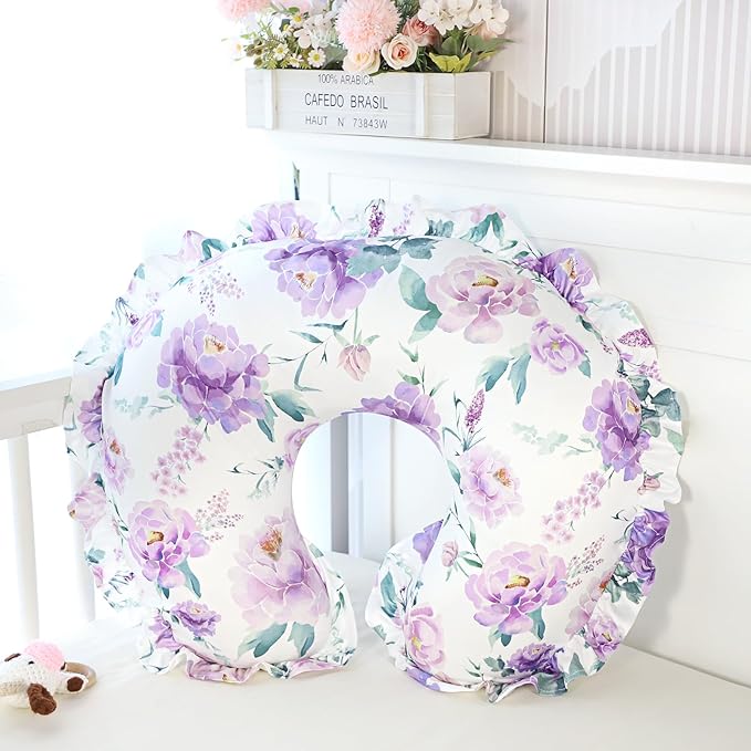 Ruffle Nursing Pillow Cover, Removable Stetchy Case for Breastfeeding Pillows, Ultra Soft and Breathable Feeding Pillow Slipcover with Modern Design Lace for Infant Girls Boys, Purple Floral