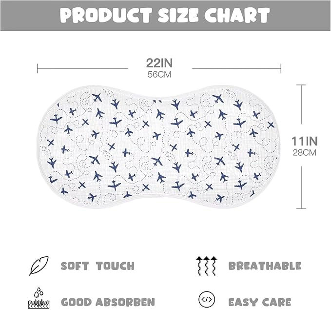 Baby Muslin Burp Cloths Set of 1 Blue Airplanes Muslin Washcloths Air Plane Transportation Sky White Milk Spit Up Rags Newborn Towel Burp Cloth Bib for Unisex Boys and Girls, 22 x 11 Inch