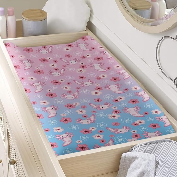 Axolotl Cherry Blossom Changing Pad Cover Waterproof Diaper Changing Cover Durable Breathable Soft Universal Tray Table Mat Infant/Toddler