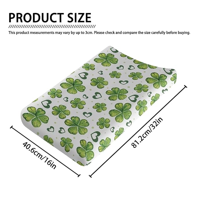 St. Patrick Changing Table Pad Cover Green Leaves Changing Pad Covers Heart Changing Pad Cover Breathbale Portable 32''*16''Changing Pads Nursery Decor