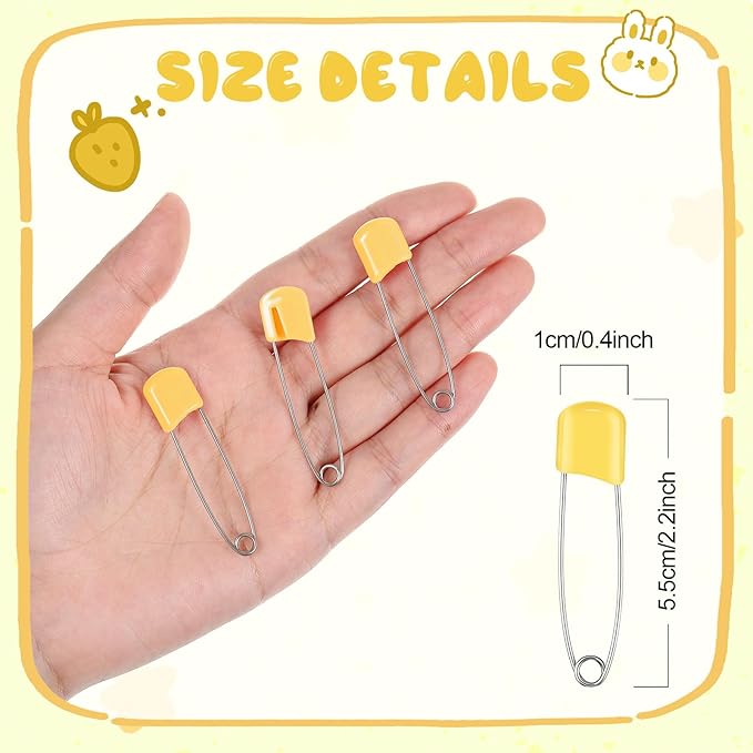 WILLBOND 8 Pcs Safety Pins 2.2 Inch Plastic Head Cloth Pins with Locking Closures Stainless Steel with Velvet Bag, Yellow